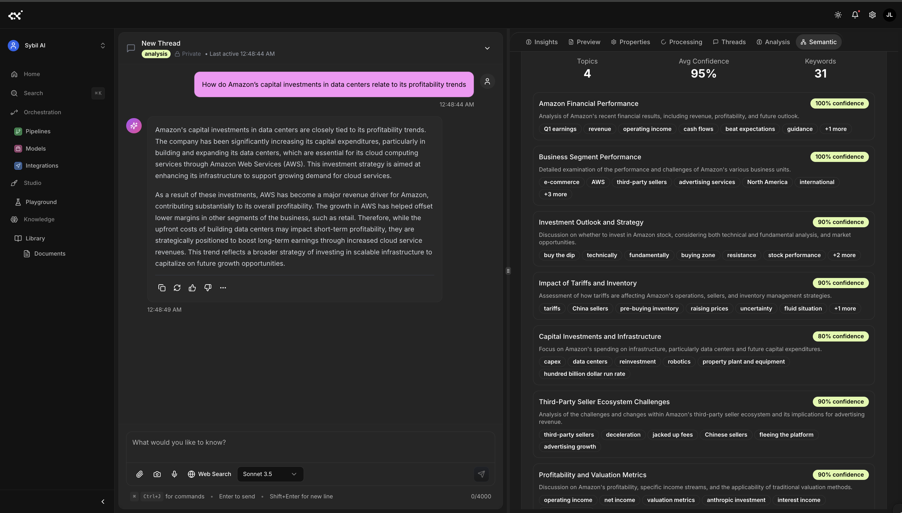 The Semantic Understanding layer showing topic and key phrase breakdown